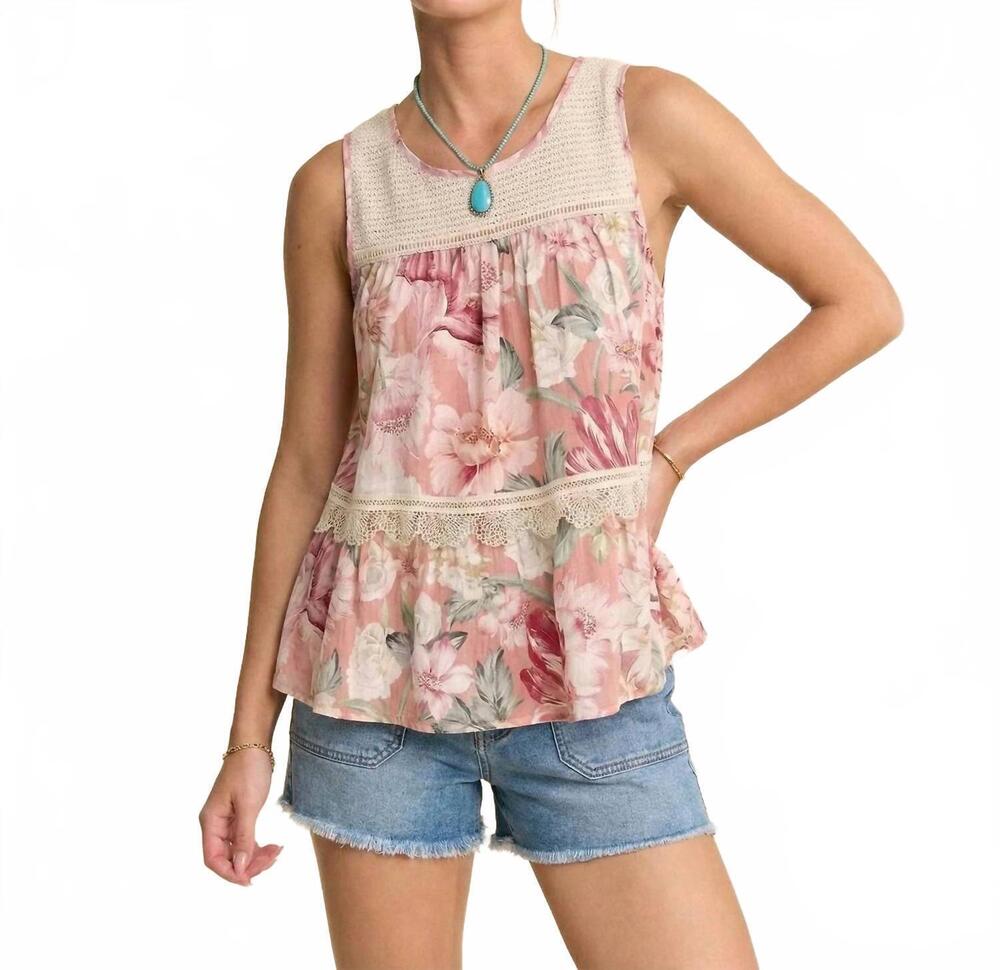 NEW DAVI & DANI floral printed lace top in pink